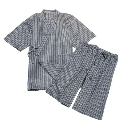Herren-Pyjama, Kimono, Baumwolle, weich, bequem, Sommer, kurzärmelig, gestreift, Herren-Pyjama-Set, Image