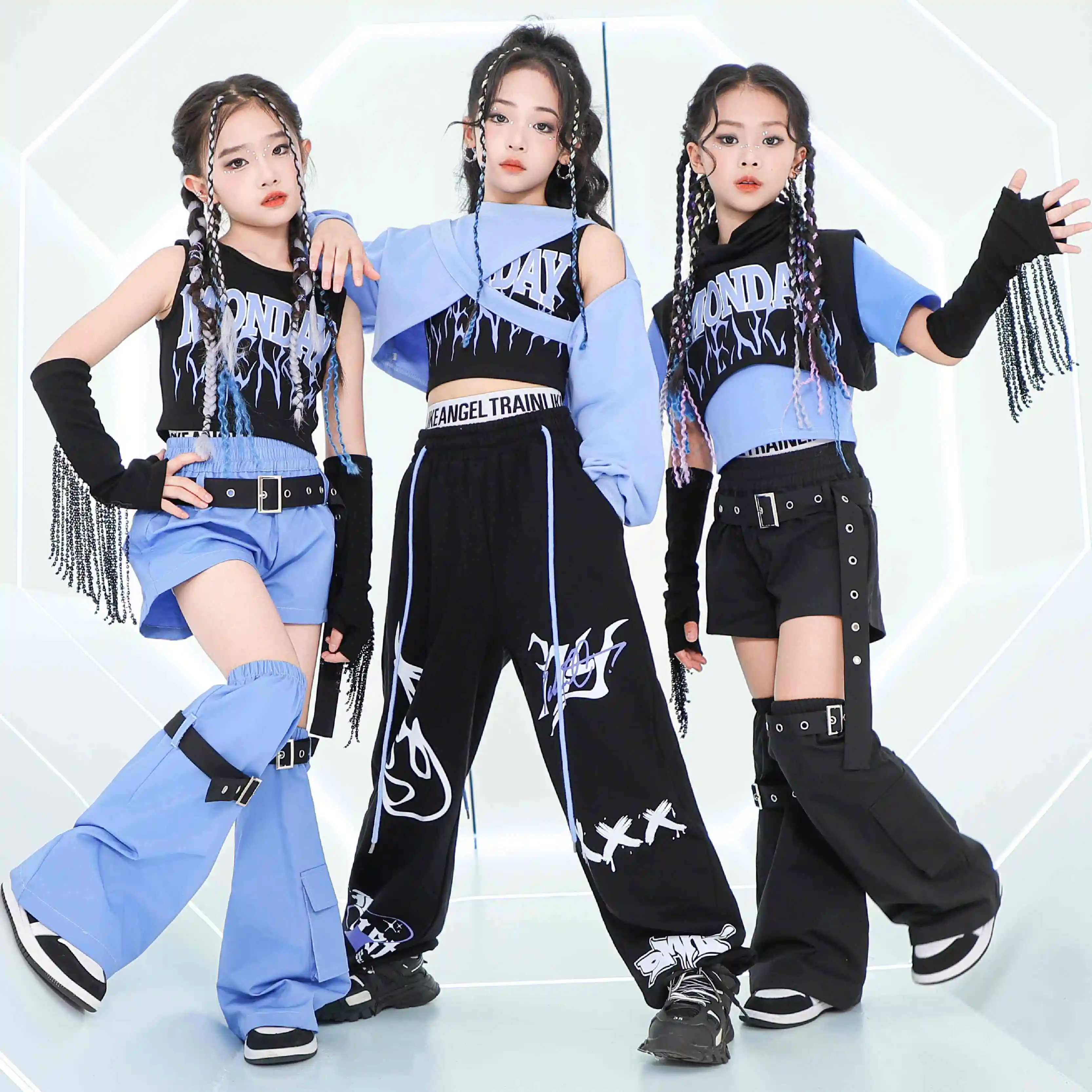 Neue Kinder Mädchen Gruppe Jazz Dance Kostüm Blau Sets Hip Hop Dance Kleidung Moderne K-pop Leistung Outfits Crop Tops hosen BL14066