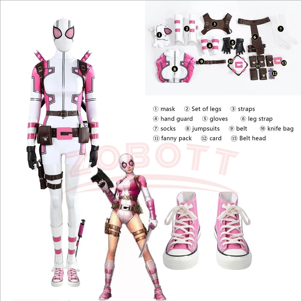 Sexy Gwenpool Gwen Poole Cosplay Fort Rosa Geist Kostüm Hohe Qualität Leder Overall Schuhe Requisiten Maske Set Party Frau