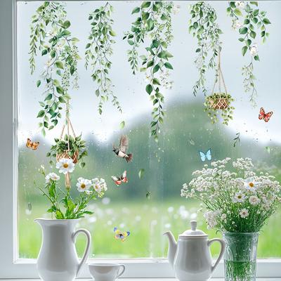 TEMU Spring Floral Window Clings - & Decals With Green Leaves, Self-adhesive Plant Vine Stickers For Home & Wedding Decor, 1mil , Single-use, Flower Decorations