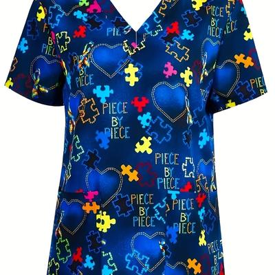 TEMU Comfortable & Breathable Women's Uniform - Casual V-neck Scrub Top With Puzzle Piece Design, Functional Chest Pockets, Polyester , Machine Washable For Professionals