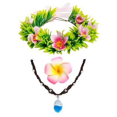 TEMU Princess Costume Accessories Hawaii Flowers Garland Headband Flower Hair Clips Necklace Halloween Party Favors