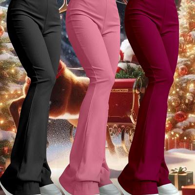 TEMU 3pcs Women's High-waist Flare Leg Pants, Polyester And Spandex , Casual Solid Color Knit Fabric Bell Bottoms, Stretchy Yoga Style Trousers For All Image