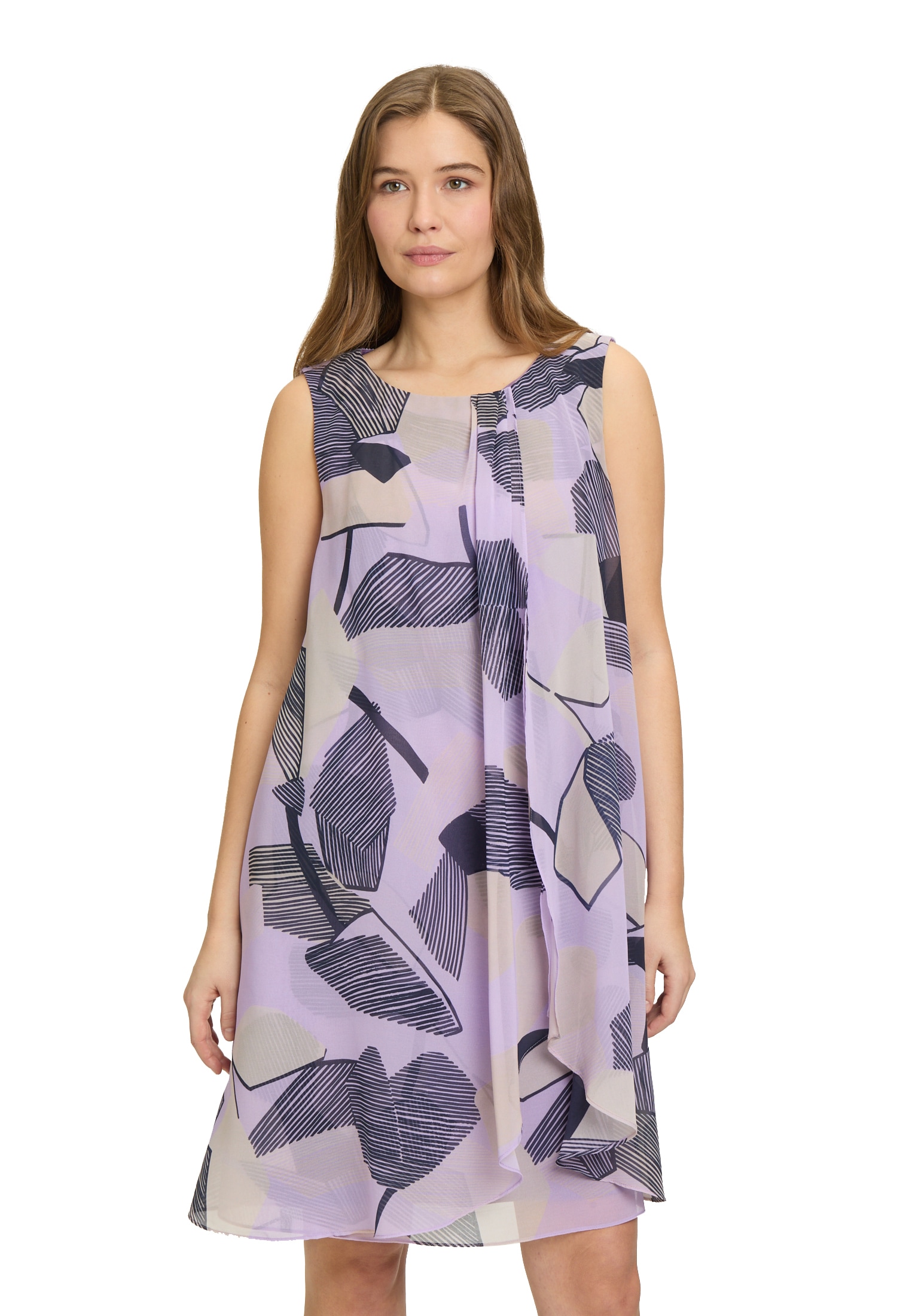 Chiffonkleid BETTY & CO "Damen im Layer Look", Damen, Gr. 42, Normalgrößen, lila (lila, nature), Obermaterial: 100% Polyester. Futter: 100% Polyester., ausgestellt kurz, Rundhals, Kleider Chiffonkleid, Druck