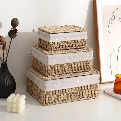 3PCS Rattan Woven Laundry Basket Cosmetic Jewelry Storage Basket Fabric Artly Handcrafted Three-Piece Set for Items