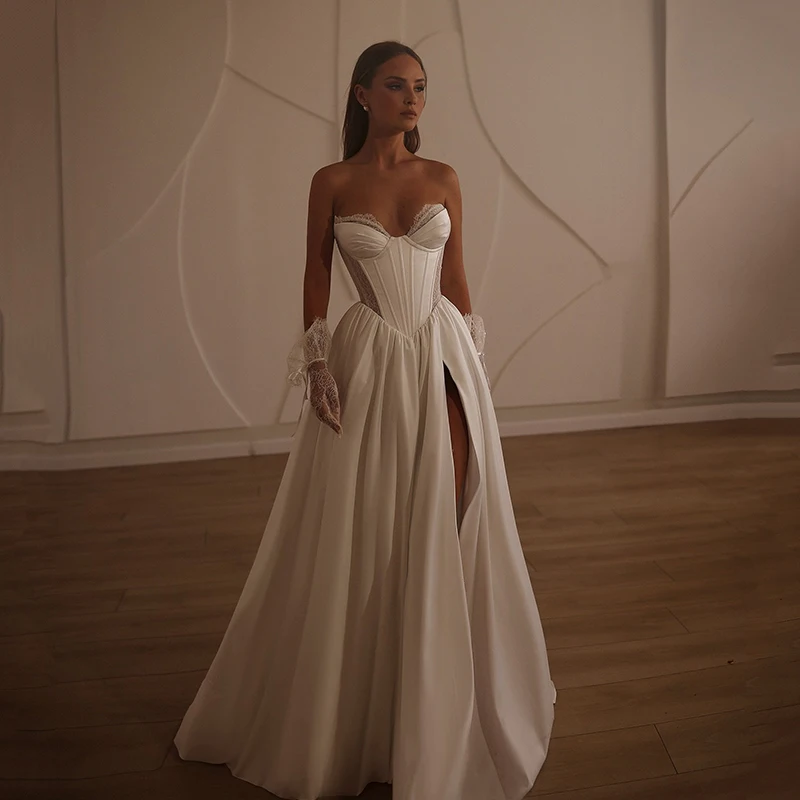 Eightree Frauen A-Linie Brautkleider Schatz Spitze Seitenschlitz Prinzessin Brautkleider Boho Strand Braut Abendkleid Maßgeschneidert