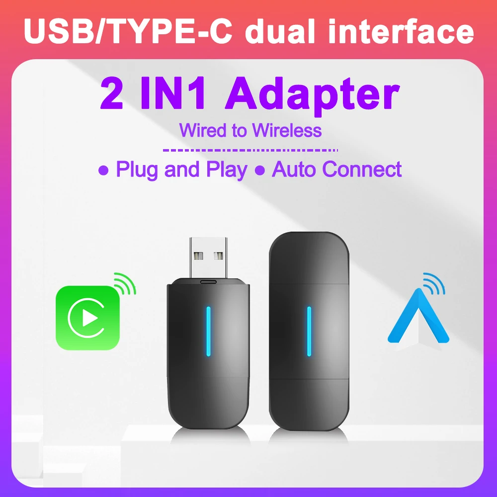 2In1 Android Auto Wireless Carplay Typ-C USB Bluetooth Wifi Plug and Play Geeignet für 99 % original kabelgebundene Carplay/Auto-Autos Image