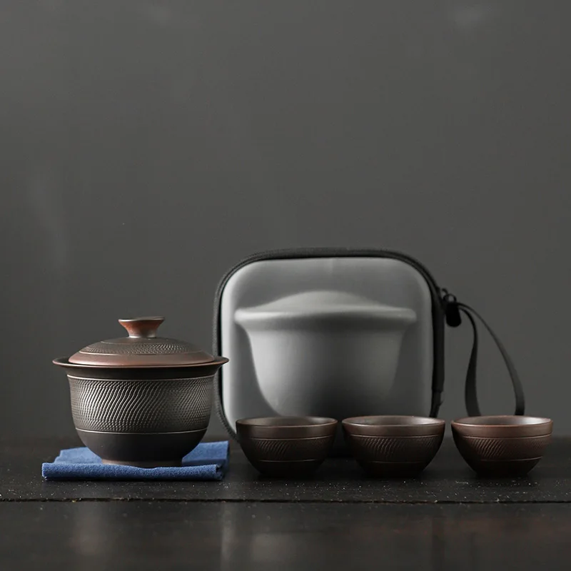 Vintage Lila Keramik Tee-Set Outdoor Reise Tee-Set Tragbare Kung Fu Tee-Set Gaiwan Tee Terrine Teezeremonie Jianshui