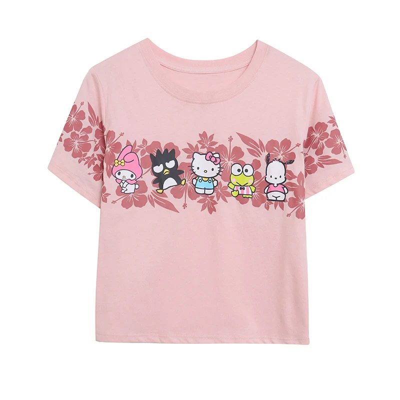 Rosa süßes Hello Kitty Kero Kero Keroppi Teenager Jugend lockeres, hoch tailliertes, kurzärmliges Cartoon-Cartoon-T-Shirt-Oberteil mit Rundhalsausschnitt