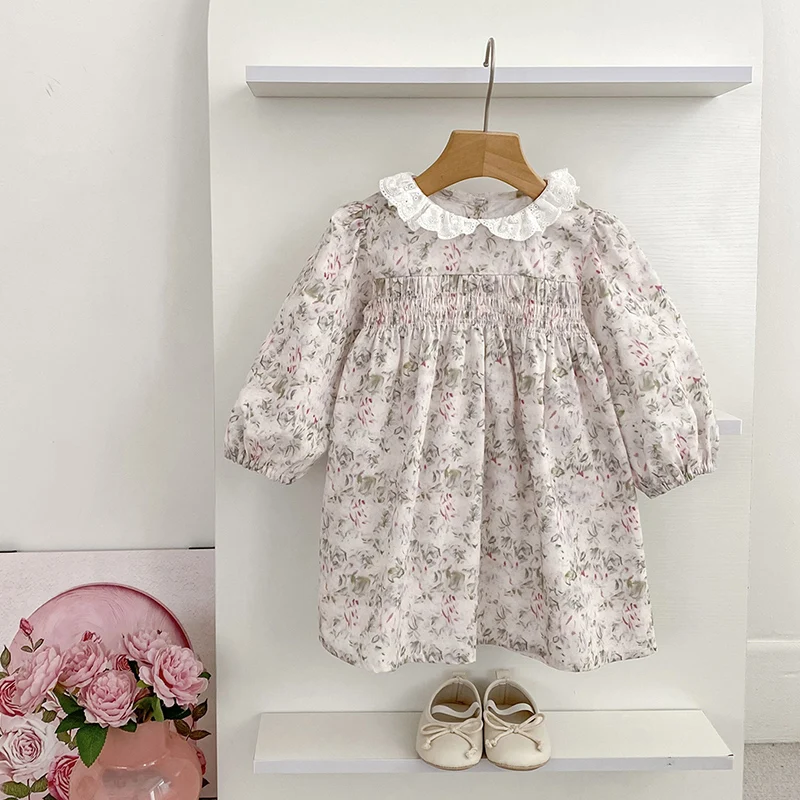 2023 herbst Mädchen Kleid Floral Rundhals Langarm Baby Mädchen Prinzessin Kleid Französisch Stil Spitze Süße Schönheit kinder Kleid Image
