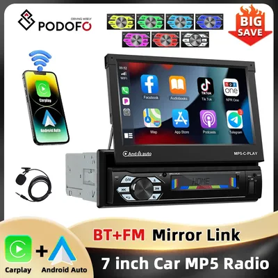 Podofo 7inch 1Din MP5 Player Automatic Retractable Screen Multimedia Player Carplay Android Auto Bluetooth TF/USB FM Car Stereo