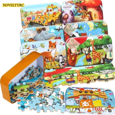 Cartoon Mädchen Junge Kinder Kleinkind Holzspiel Puzzle Papierpuzzle Eisenbox 60 Metalldose Image