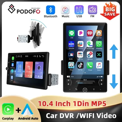 Podofo 10.4'' Manual Rotated Screen Car Radio Carplay Android Auto 1Din MP5 Player Mirror link Bluetooth USB AUX EQ FM Car Audio