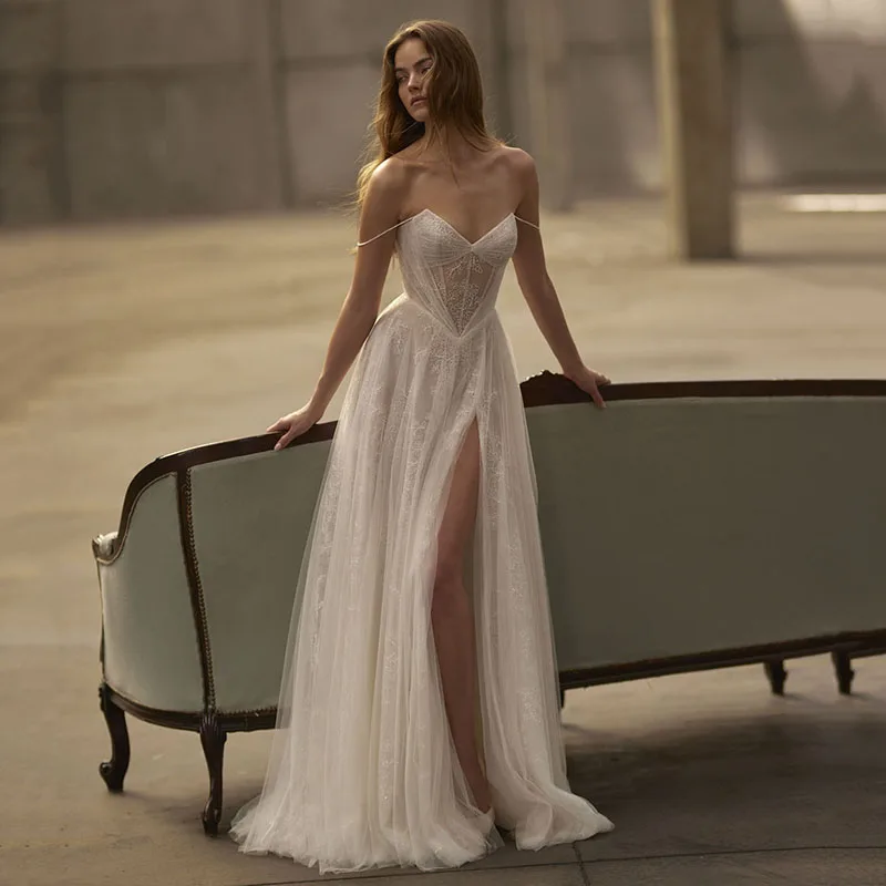 Eightree Boho Strand A-Linie Brautkleider Spaghettiträger Spitze Split Brautkleid Prinzessin Hochzeit Ball Ballkleider Maßgeschneidert