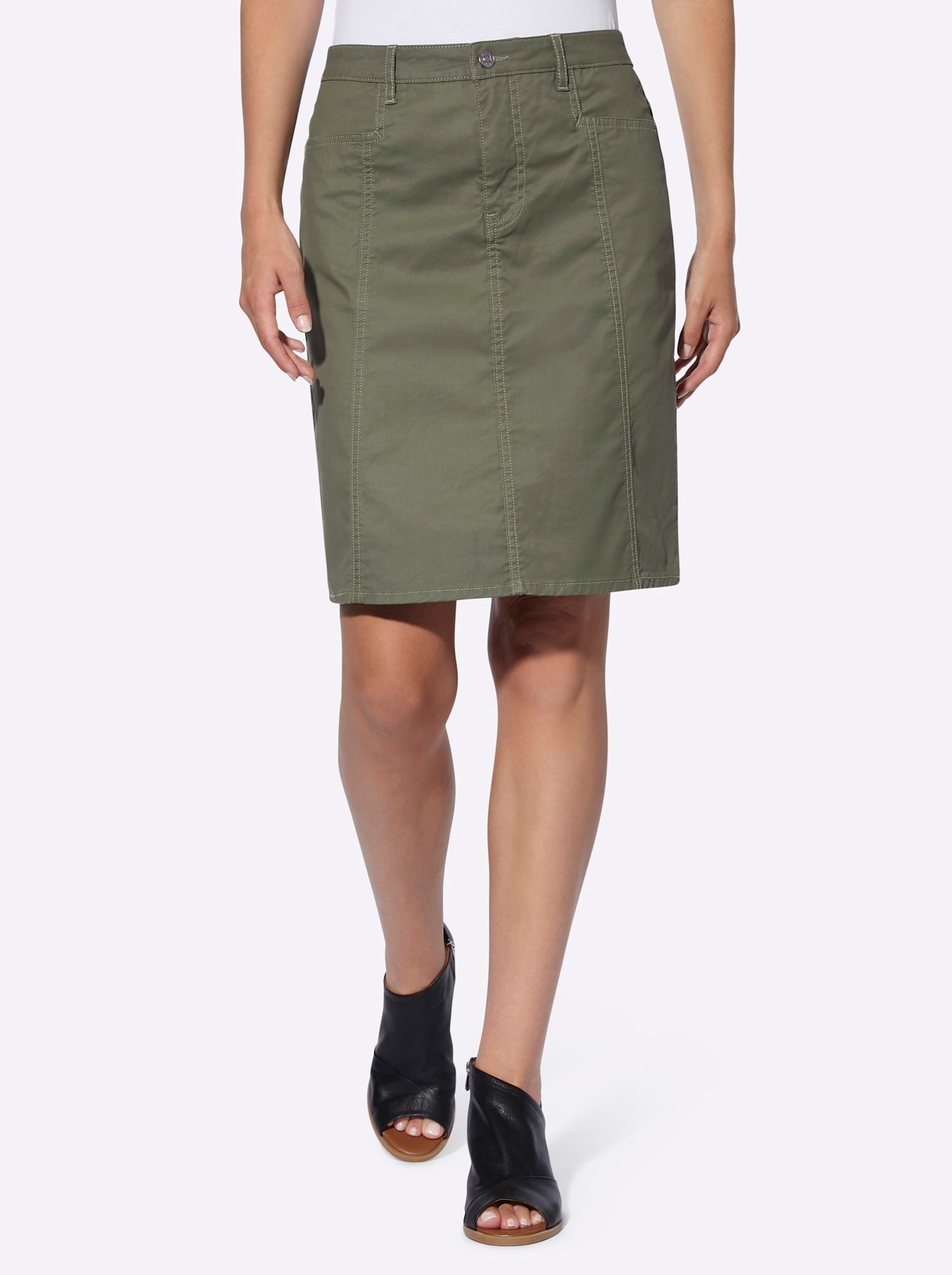 Sommerrock HEINE, Damen, Gr. 38, grün (khaki), 67% Baumwolle, 30% Lyocell, 3% Elasthan, unifarben, kurz, Röcke Image