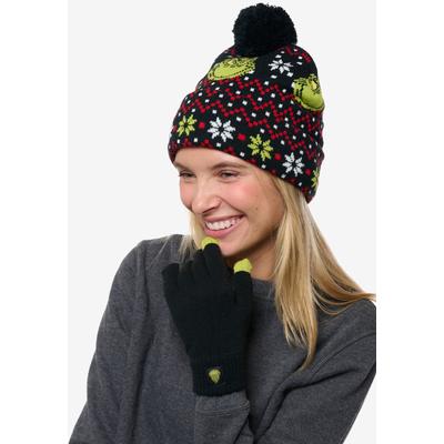 Women's Women's Dr Seuss Grinch Knit Beanie Hat & Touch Screen Gloves Christmas by Disney in Black