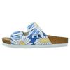 Pantolette DOGO "Stella Pantolette Daisy Stripes Damen Sandalen", Damen, Gr. 39, Normalschaft, blau, Lederimitat, Schuhe Schlappen Pantolette, Handgefertigt