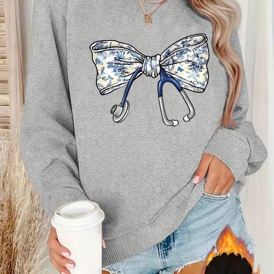 TEMU Fleece Round-neck Sweatshirt With Blue Floral Bow Tie Stethoscope Print