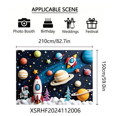 "TEMU 1pc Vibrant Happy Birthday Banner - 82.7" X 59.0" Polyester Backdrop With Colorful Planets, & Astronaut - Foldable, Washable Wall & Yard Decoration For ' Birthday Parties, Space Party Decorations" Image