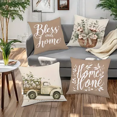 Kissenbezug mit rustikalem Charme: Baumwollblumen, Vintage-LKW und Segenwörter für Zuhause, Image