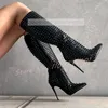 Nieten spitzen Zehen Reiß verschluss Stiefel Frauen Nachtclub Punk dünne High Heels knielange Stiefel Damen sexy Mode große schwarze Schuhe