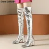 Frau Sexy Silber Spiegel Oberschenkel Hohe Stiefel Spitze Zehen Club Party Schuhe Schlanke High Heels Über Das Knie Lange Stiefel Für Frauen 42