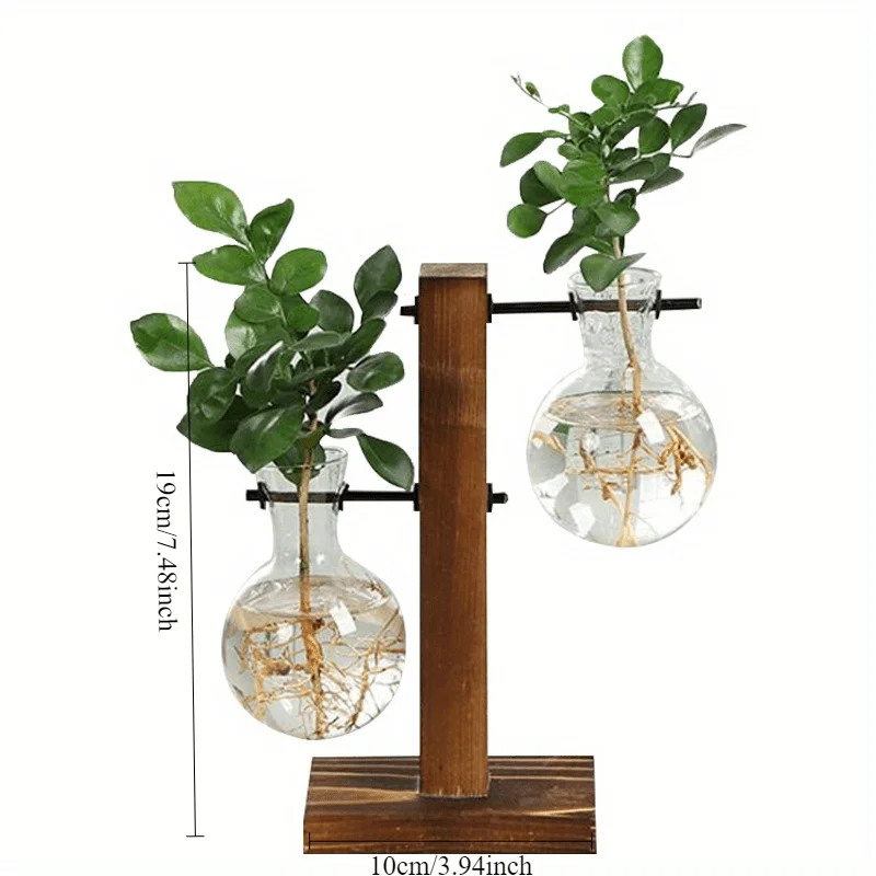 Hydrokultur Pflanzenvasen Transparente Vase Vintage Blumentopf Holzrahmen Glas Tischplatte Pflanzen Home Bonsai Dekor Image