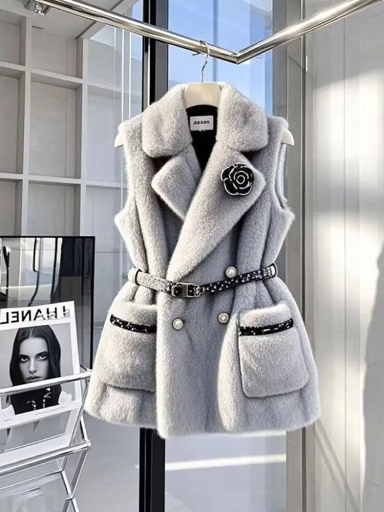 Französische ärmellose Strickjacke für Damen, Winter-Fleece, warm, grau, Nerzmantel, koreanische Weste, Vintage-Chic, Leder-Tanks, Jacke 2025,