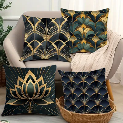 Gold Green Fan Shape Lotus Flower Print Pattern Throw Pillow Cover Polyester Cushion Cover Home Image