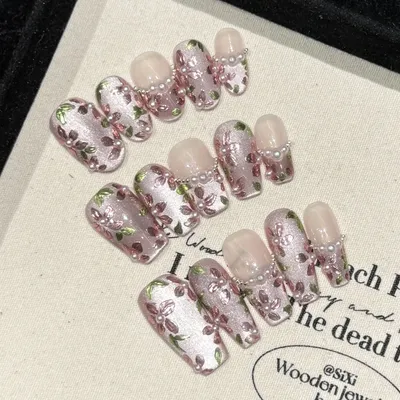 10pcs Handmade Press On Nails Hand-painted Flower Glossy Purple Cat's Eye False Nails Pearl Decor