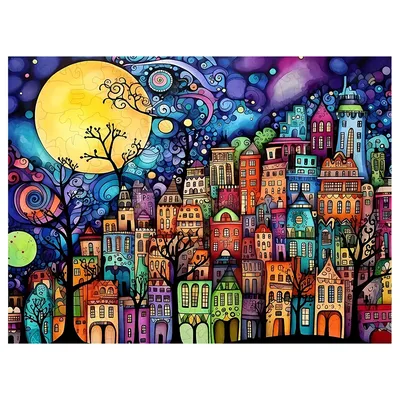 Adult Wooden Puzzle - Colorful Comic City - Unique Irregular Animal Shape Puzzle - Creative Gifts