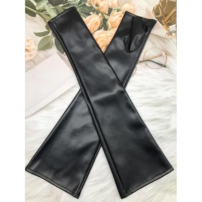 Black PU Faux Leathers Long Arm Warmer Dress Up Fingerless Gloves Halloween Cosplay Elbow Mitten