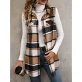Donna Plus Size 1XL-5XL Stampa scozzese Dettaglio patta Cappotto senza maniche Moda donna Gilet termico spesso senza maniche Capispalla donna