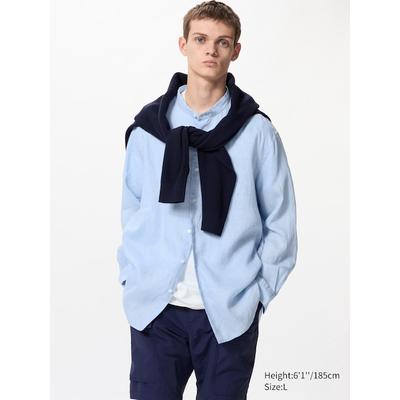 Uniqlo - 100% Premium Linen Shirt (stand Collar) - Blue - XXL