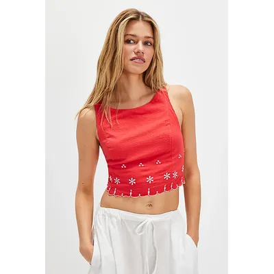 Kayla Solid Embroidered Top at Free People in Flame Red, Size: Large