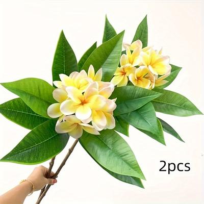 TEMU 2pcs Artificial Frangipani Flowers, Yellow, Lifelike Plastic Stems, Home Decor, Wedding, Party Bouquets, Suitable For Christmas, Halloween, Easter, Thanksgiving, 's Day, No Battery Required Image