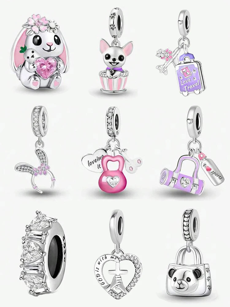 Rabbi-Teddybär-Handtasche aus 925er-Sterlingsilber, Kettlebell, Sport- und Fitness-Charm-Ball, geeignet für Armbänder, DIY-Damenschmuck