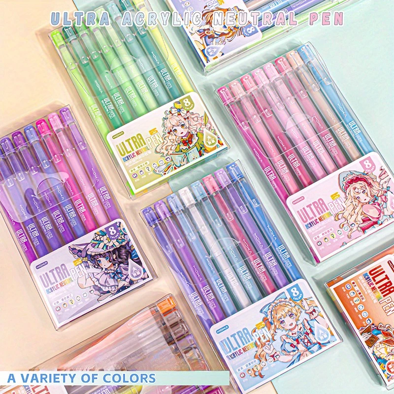 8-teiliges mehrfarbiges Gel-Tintenstift-Set, mittlere Spitze, sichtbarer Tintenstufe, Kunststoff, neue Farbpalette, perfekt zum Zeichnen und Journaling Image