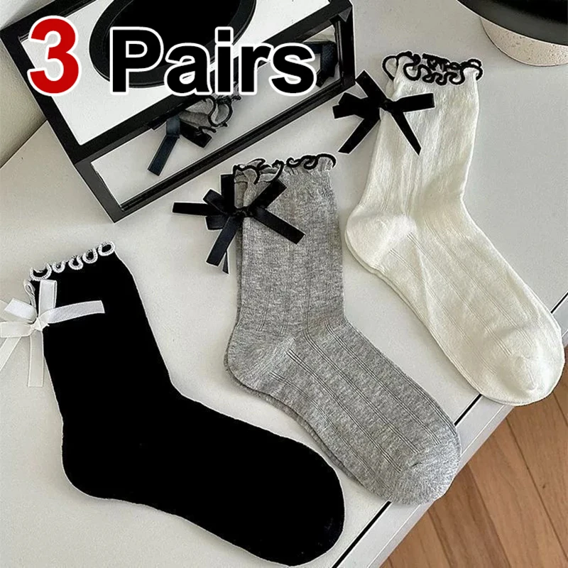 3 Paar Damen-Socken mit Schmetterlings-Schleife, mittellang, Lolita, JK-Stil, plissierter Rand, schweißabsorbierend, atmungsaktiv, weich, bequem, lässig Image