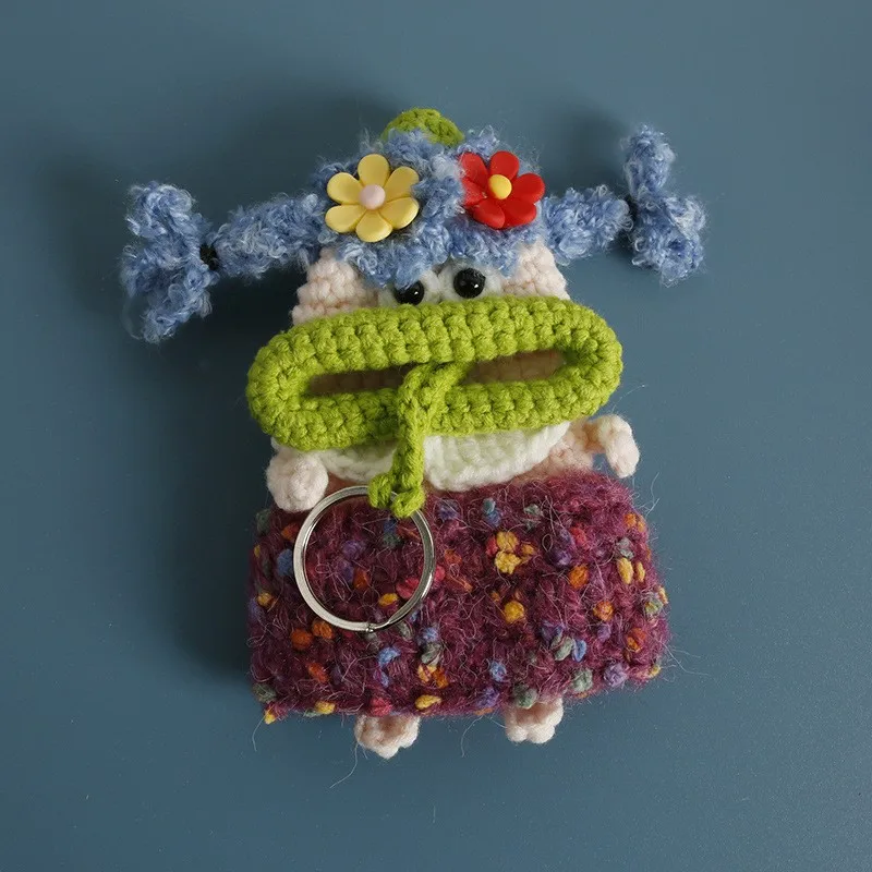 Kreative Würstchenmund-Mädchenpuppen-Häkel-Schlüsselanhänger, handgefertigte Strick-Aufbewahrungstasche für Autoschlüsselhalter, individuelles Schlüsselzubehör Image