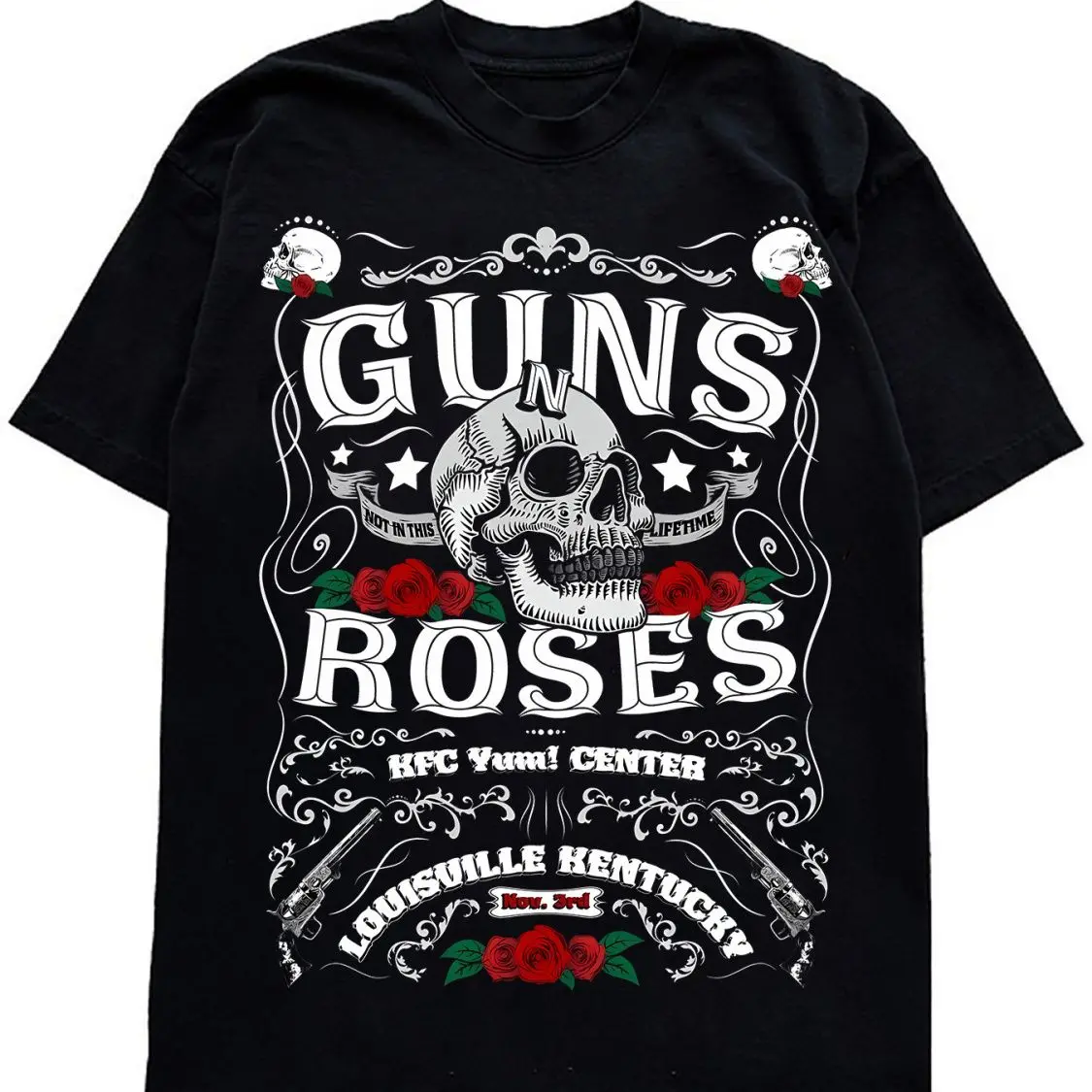 25SS Frühling und Sommer Gothic Guns and Roses Skull Rock American Style Hip Hop Print Baumwoll-T-Shirt Kurzarm Street Pattern
