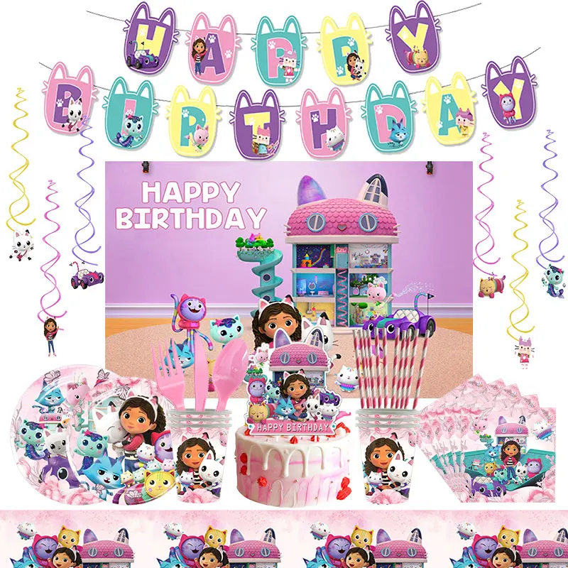 Gabby Katze Geburtstagsdekoration Gabby Puppenhaus Thema Geschirr Teller Servietten Tassen Ballon Hintergrund für Kinder Party Event Supplies Image