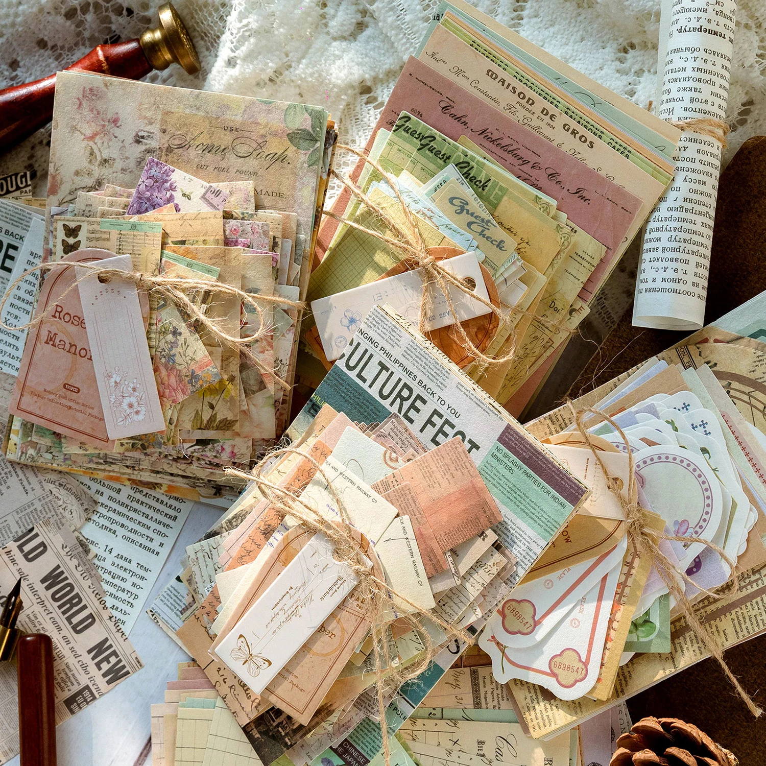 TIANZI 100 Blatt Dekor Scrapbook Vintage Materialien Papier Combo Kit DIY Junk Journal Collage Fotoalbum Retro Hintergrundpapier Image