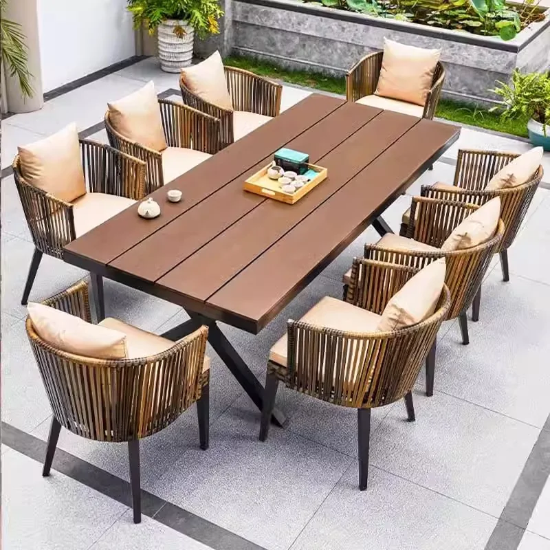 Outdoor table and chair courtyard villa garden PE woven rattan chair leisure terrace anti-corrosion plastic wood table combinati