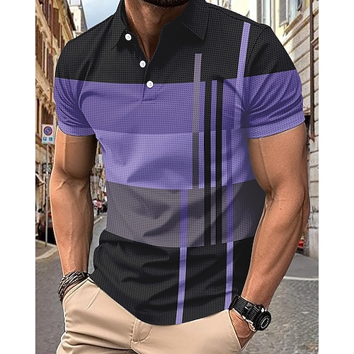 Herren Golfshirt Golf Poloshirts Arbeit Lässig Revers Kurzarm Basic Modern Streifen Patchwork Knöpfe Sommer Normale Passform Blau Rosa Orange Dunkelrosa Purpur Orange Grün Golfshirt Image