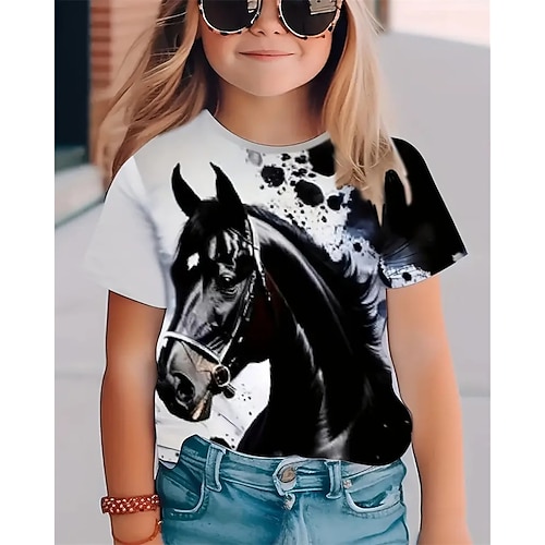 Mädchen 3D Pferd T-Shirt Kurzarm Sommer Frühling Mode Basic Kinder 4-12 Jahre Rundhalsausschnitt Outdoor Lässig Täglich Normale Passform Image