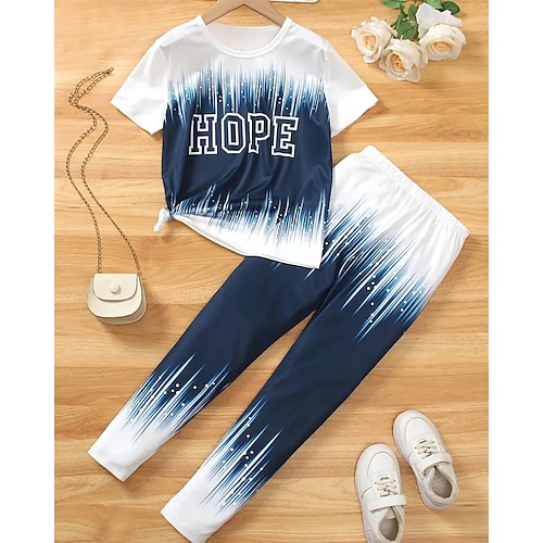 Mädchen 3D Buchstabe Schlafanzug-Sets T-Shirt Hose Schlafanzug-Sets Kurzarm 3D-Druck Sommer Frühling Aktiv Basic Kinder Ab 4 Jahren Rundhalsausschnitt Heim Täglich Normale Passform Image