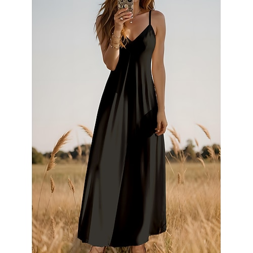 Damen Maxi Kleid Sommerkleid A-Linie Kleid Nachtkleid Urlaub Lässig Urlaub Alltag Strand Regelmäßige Passform Einfarbig Grafik Einfach Ärmellos V-Ausschnitt Schwarz Weiß Gelb Wein Sommer Frühling Image
