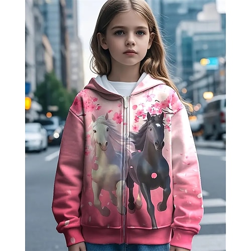 Mädchen 3D Pferd Kapuzensweatshirt Mantel Oberbekleidung Langarm Frühling Herbst Niedlich Sport Kinder 4-12 Jahre Reissverschluss Straße Täglich Normale Passform Image