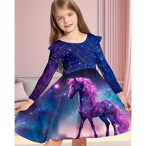Mädchen' 3D Pferd Kleid Rüschenkleid Langarm Sommer Frühling Urlaub Täglich Ferien Prinzessin Schön Süß Kinder 4-12 Jahre Freizeitkleid A Linie Kleid Knielang Normale Passform Image